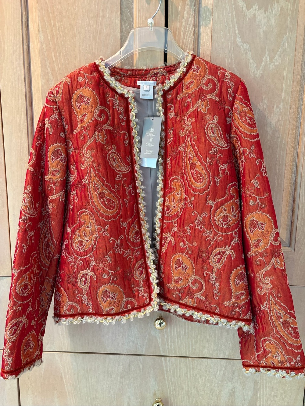 NWT  Austin Reed Burnt Orange  and Gold Paisley Open-Front Blazer with Trim